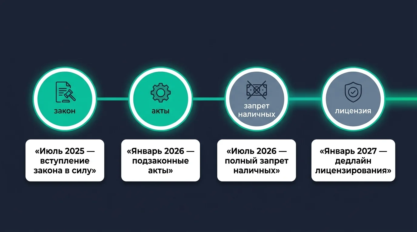 Таймлайн из четырёх этапов внедрения крипто-регулирования в Армении с 2025 по 2027 год