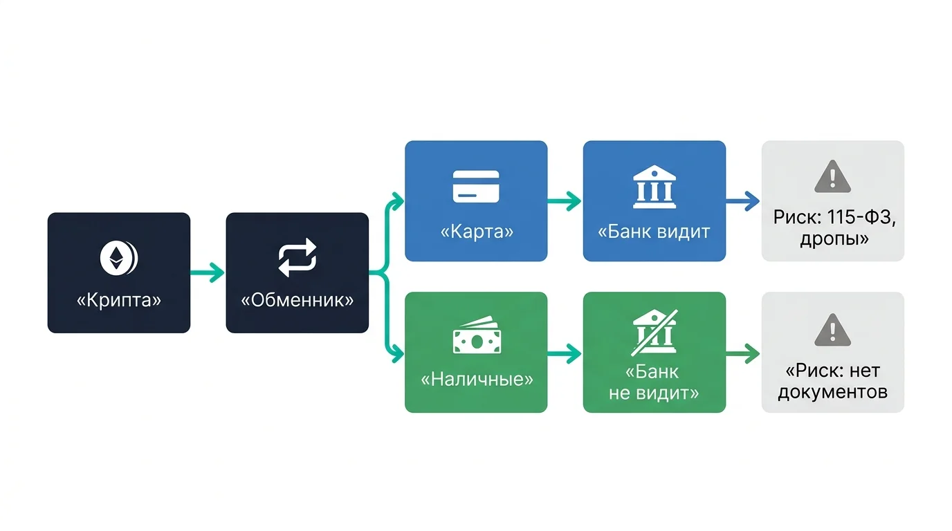 Схема рисков при обмене криптовалюты на карту и на наличные