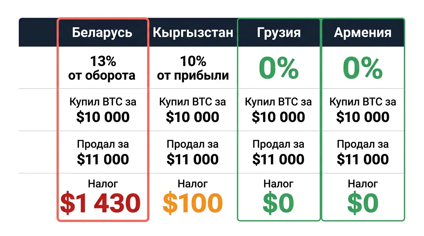 Сравнение налога на криптовалюту: Беларусь $1 430 от оборота, Кыргызстан $100 от прибыли, Грузия и Армения $0