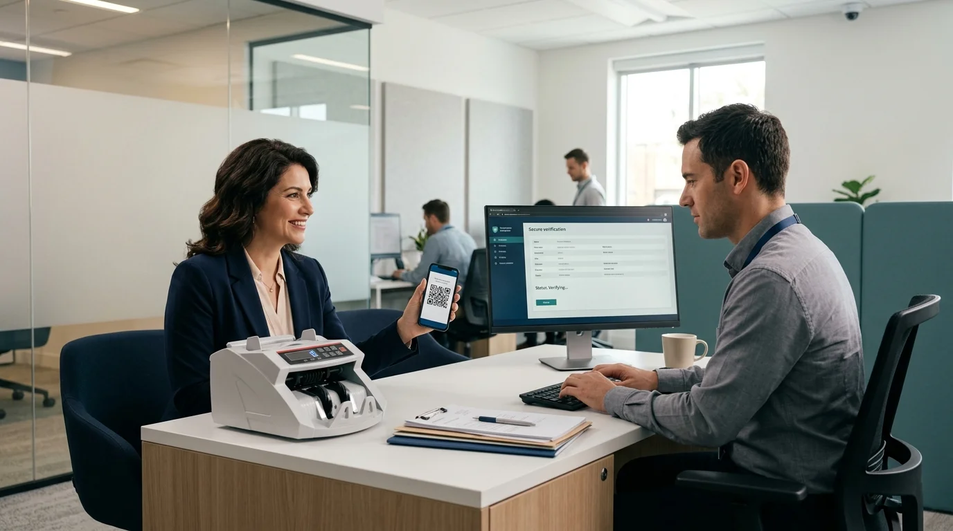 Клиент показывает QR-код кошелька менеджеру криптообменника для сверки в офисе