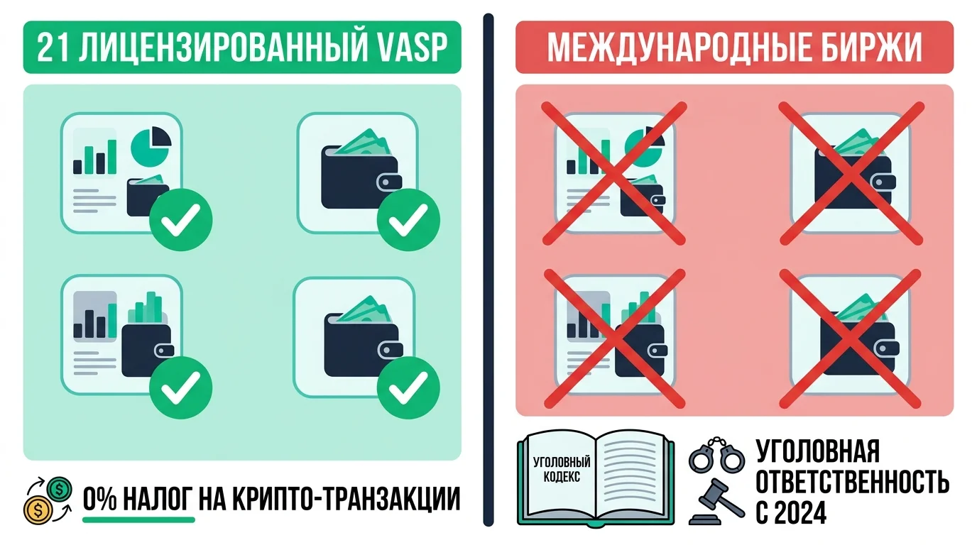 Инфографика: легальные VASP и запрещённые международные крипто-биржи в Узбекистане