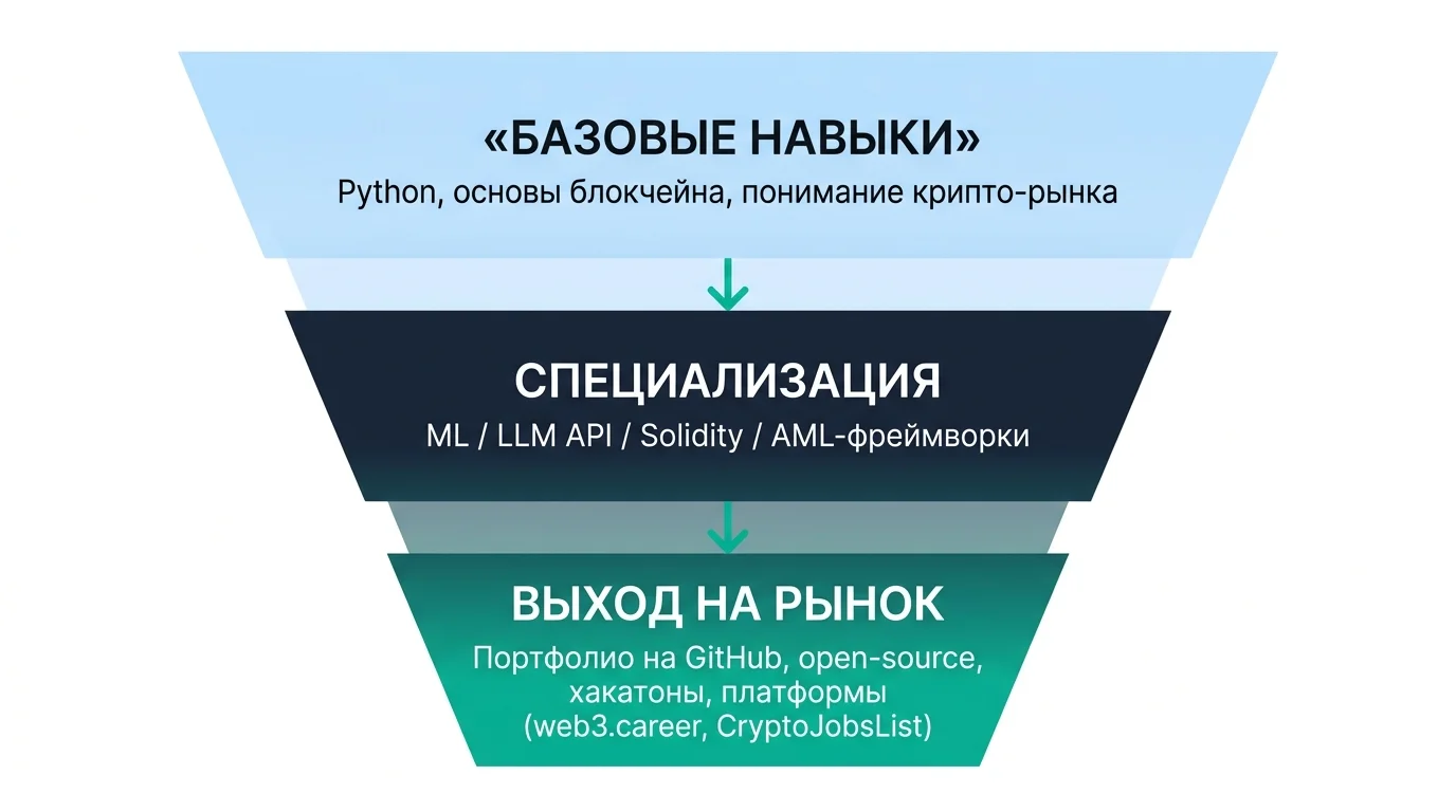 Схема входа в крипто-AI карьеру: от базовых навыков через специализацию к выходу на рынок вакансий
