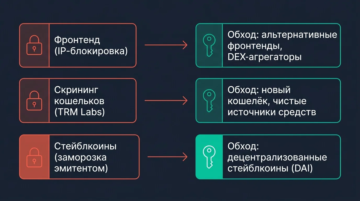 Схема трёх уровней ограничений на DEX: фронтенд, скрининг кошельков, заморозка стейблкоинов
