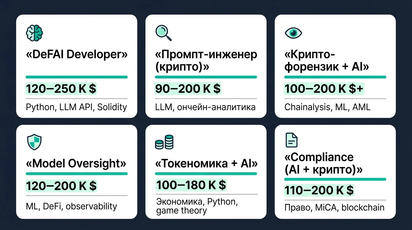 Карта профессий на стыке криптовалют и AI с зарплатными диапазонами от $90K до $250K
