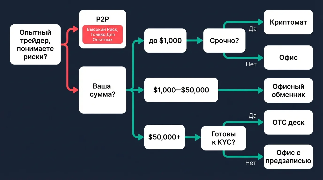 Дерево решений: выбор формата обналичивания крипты по сумме и ситуации