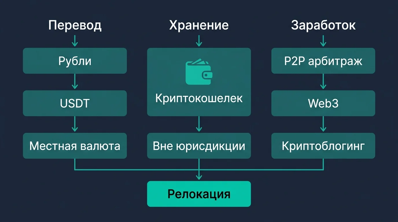 Схема трёх функций криптовалюты при релокации: перевод средств, хранение и заработок