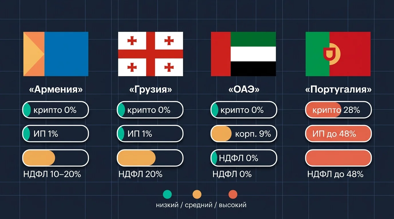 Сравнение налоговых ставок для крипто-специалистов в Армении, Грузии, ОАЭ и Португалии