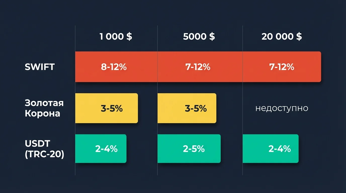 Сравнение потерь при переводе денег через SWIFT, Золотую Корону и USDT