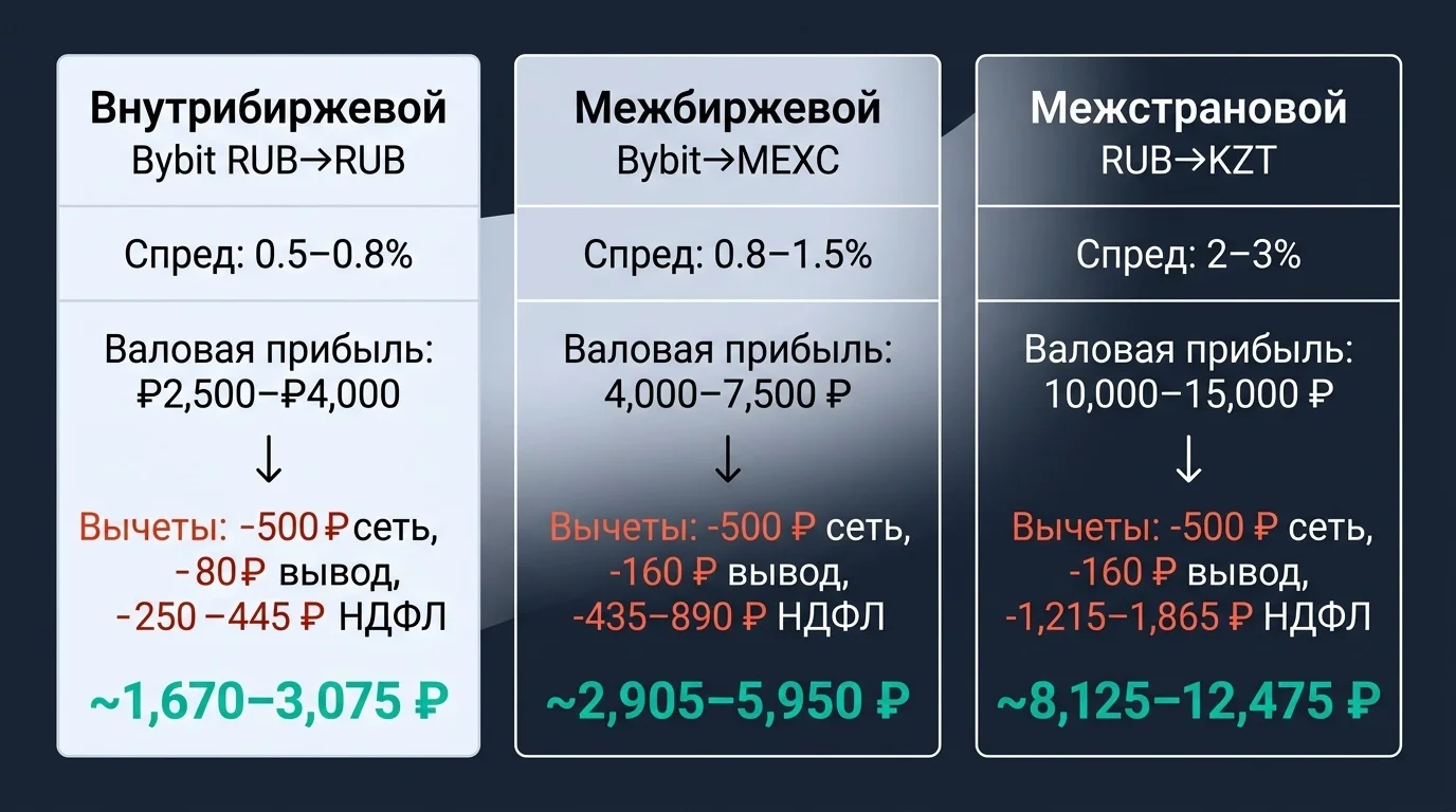 Сравнение трёх сценариев P2P-арбитража: спред, издержки и чистая прибыль