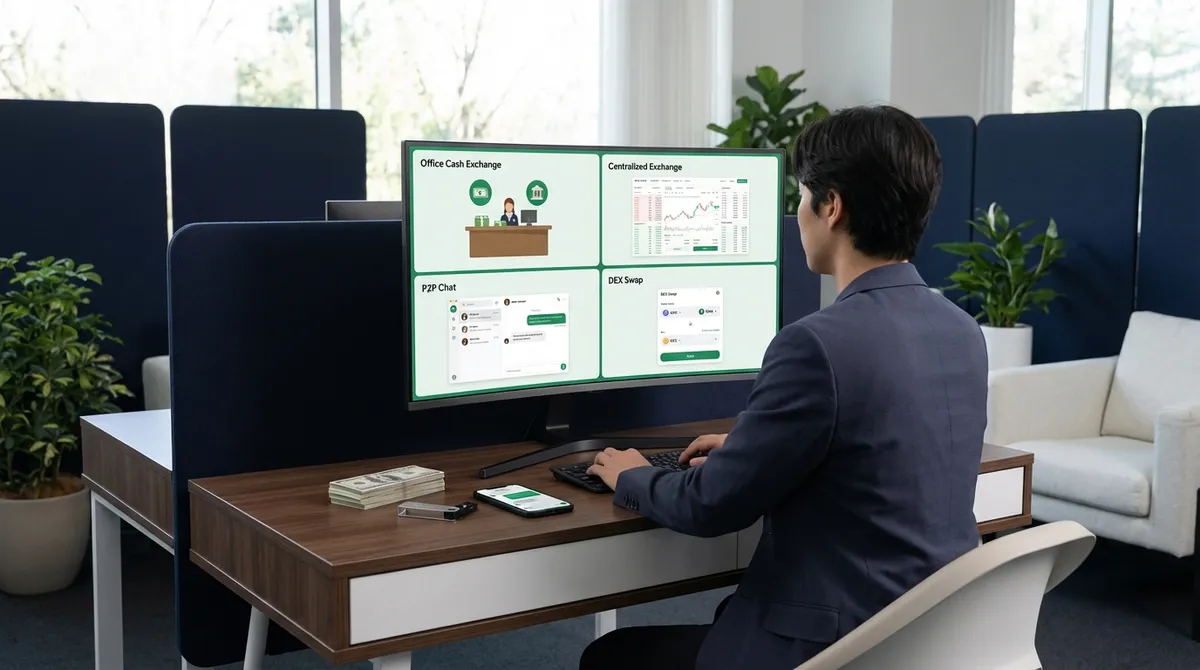 Схематичное сравнение криптообменника, централизованной биржи, P2P‑площадки и DEX по осям «контроль над средствами», «удобство» и «риск»