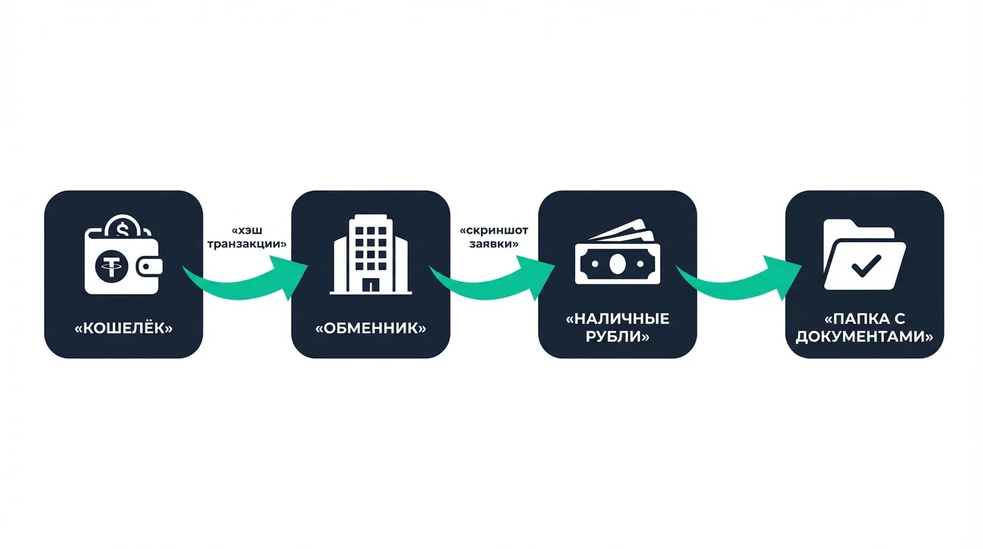 Путь обналичивания USDT: от кошелька через обменник до наличных рублей с сохранением документов
