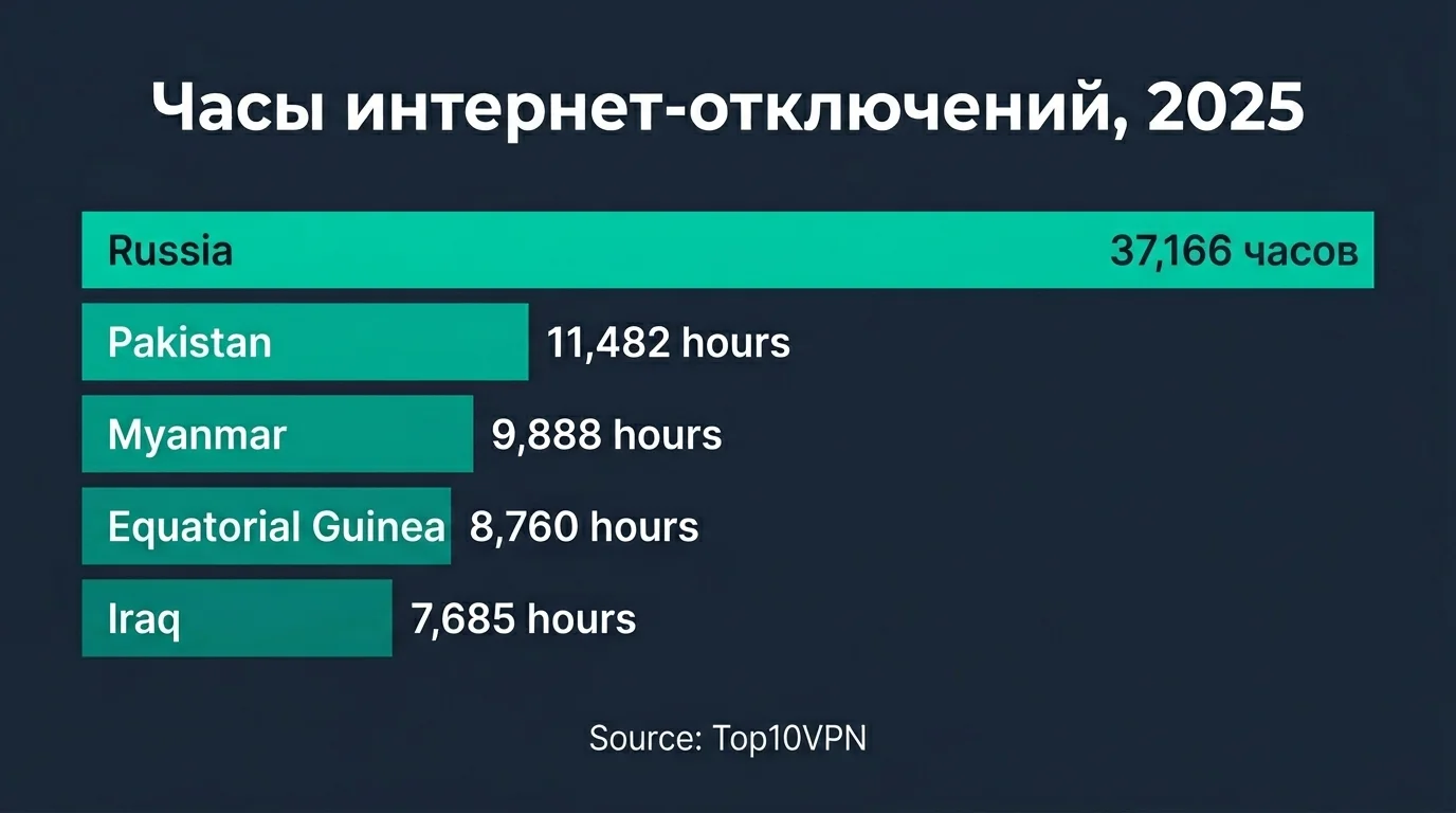 Диаграмма: топ-5 стран по часам интернет-отключений в 2025 году — Россия лидирует с 37 166 часами