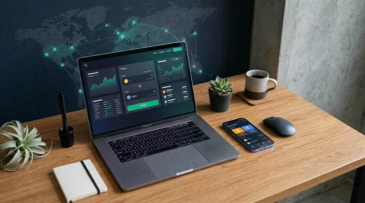 Ноутбук с интерфейсом децентрализованной биржи и смартфон с криптокошельком на фоне карты мира