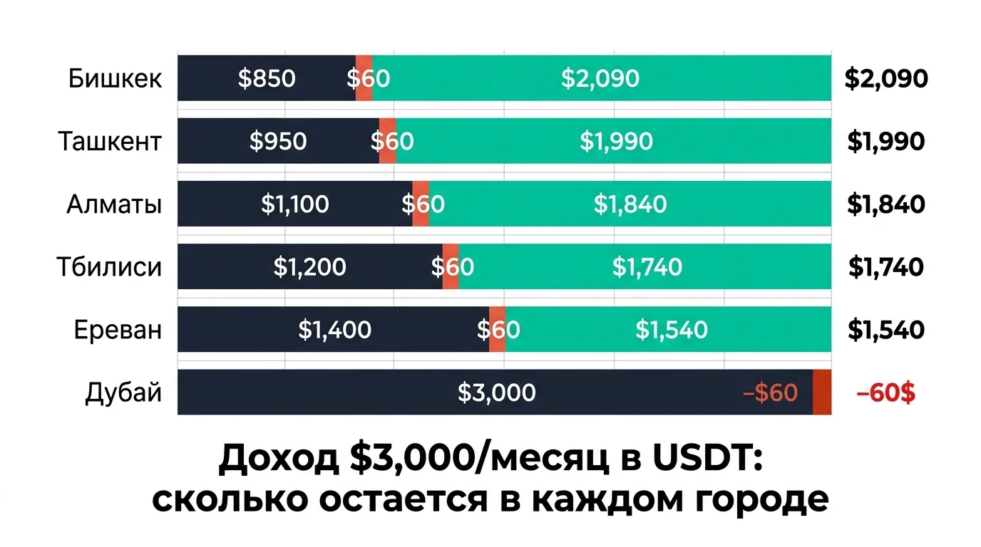 Инфографика: остаток от дохода $3 000 в USDT после расходов и конвертации в шести городах