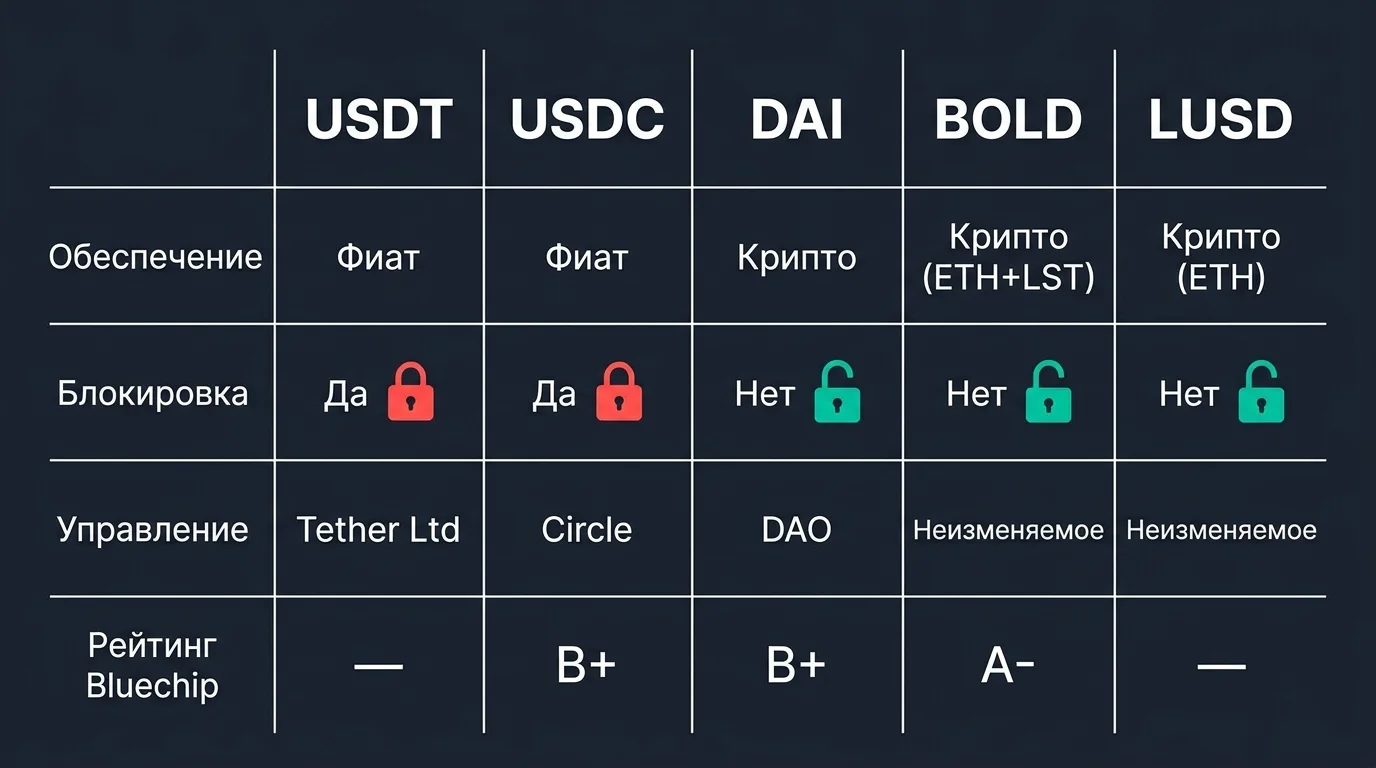 Сравнение стейблкоинов USDT, USDC, DAI, BOLD и LUSD по возможности заморозки и типу обеспечения