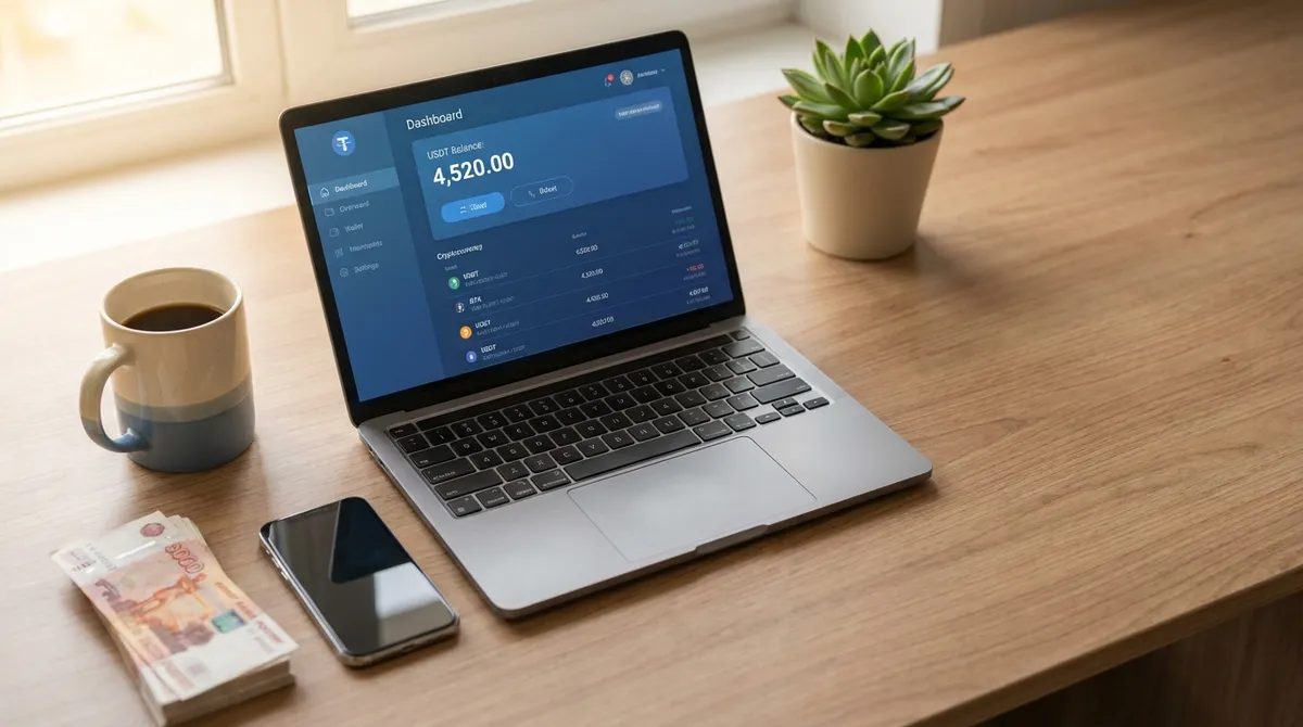 Рабочее место фрилансера: ноутбук с крипто-кошельком и наличные рубли на столе