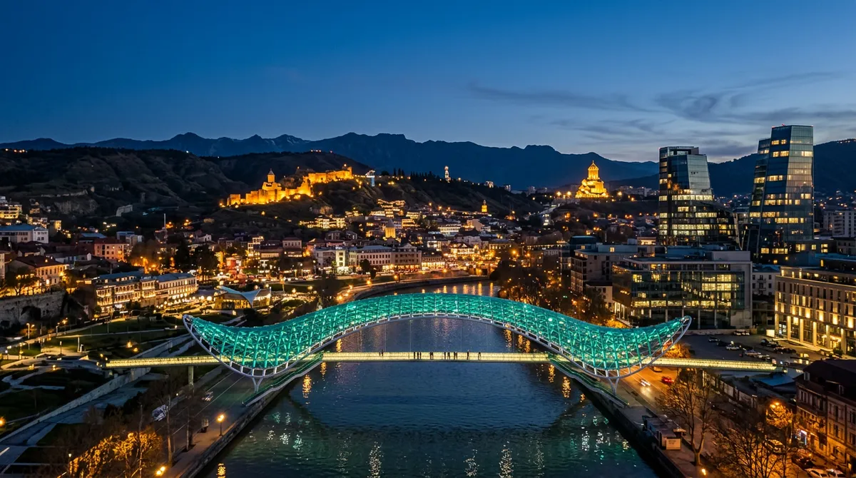Вечерний Тбилиси — мост Мира и деловой квартал на фоне Кавказских гор