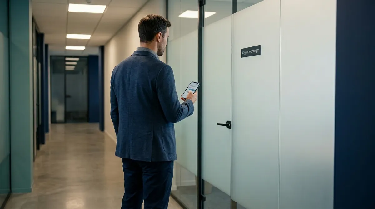 Человек с телефоном перед дверью офиса криптообменника в бизнес-центре