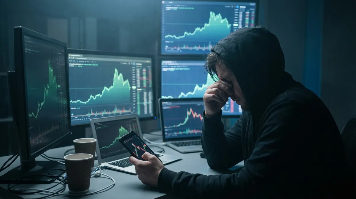 Человек ночью смотрит на графики криптовалют на нескольких экранах и не может оторваться
