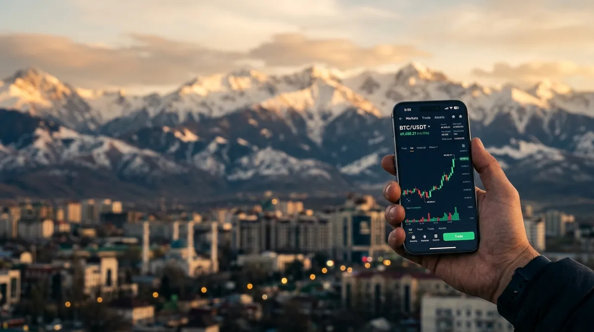 Панорама Бишкека на фоне гор с символами крипто-инфраструктуры Кыргызстана