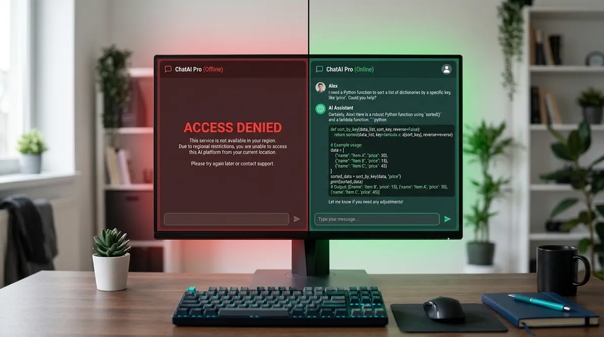 Разделённый экран: слева — интерфейс AI-сервиса с ошибкой доступа, справа — тот же сервис работает нормально