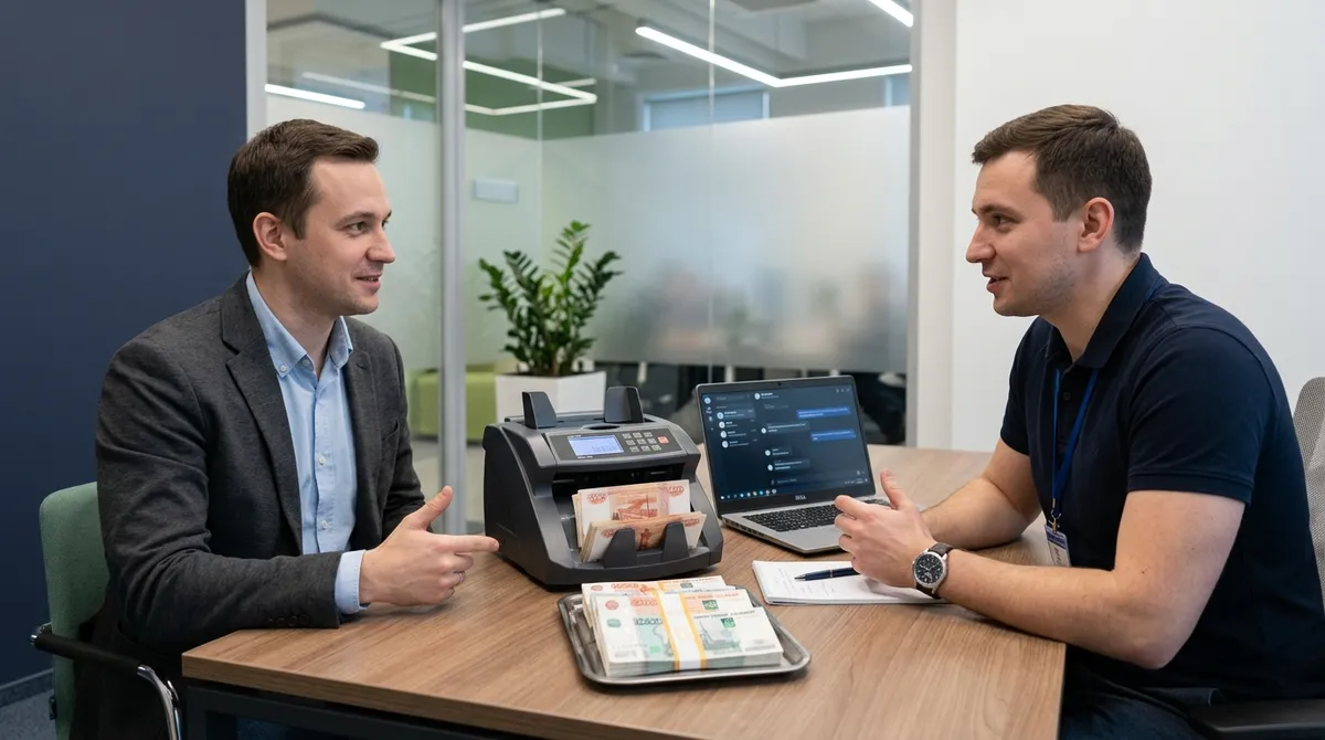 Обмен крупной суммы криптовалюты на наличные в офисе обменника в Москве