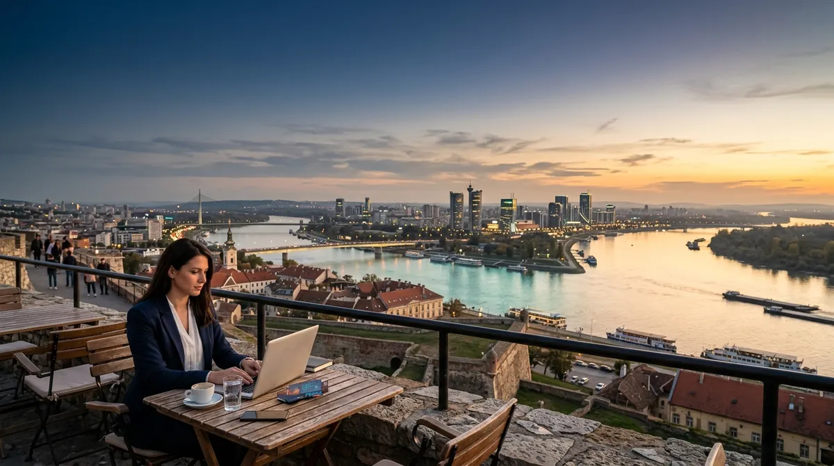 Белград на закате с видом на Саву и крепость Калемегдан — точка притяжения крипто-релокантов из России