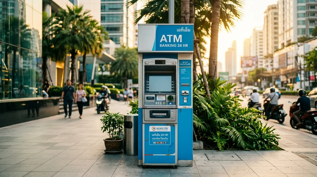 Тайский банкомат с пустым экраном на фоне тропического города — символ недоступности финансов для россиян