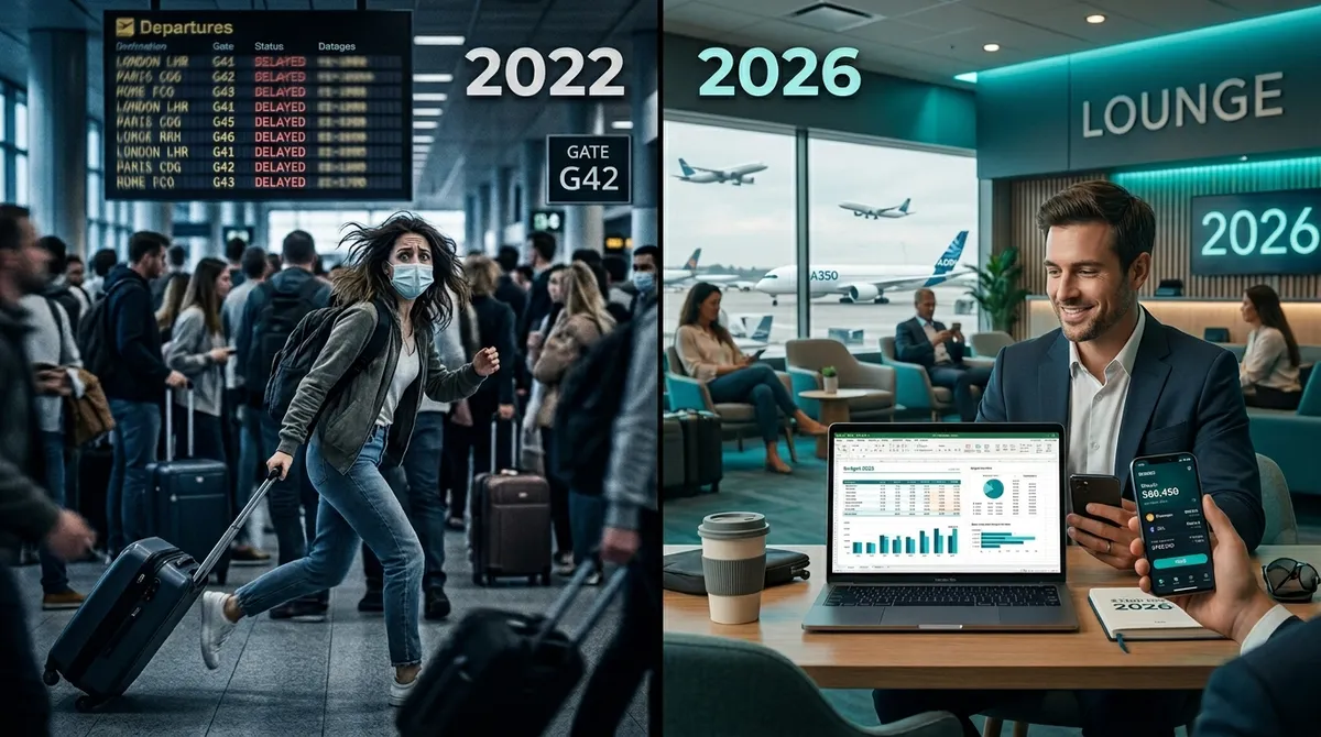 Два контрастных силуэта: один с чемоданом спешит к самолёту, другой спокойно работает за ноутбуком с открытой картой мира