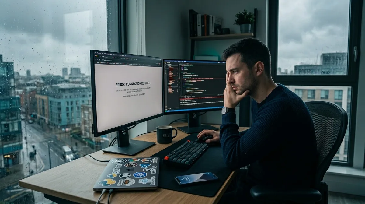 Человек за ноутбуком на фоне экрана с ошибками подключения и заблокированными сервисами