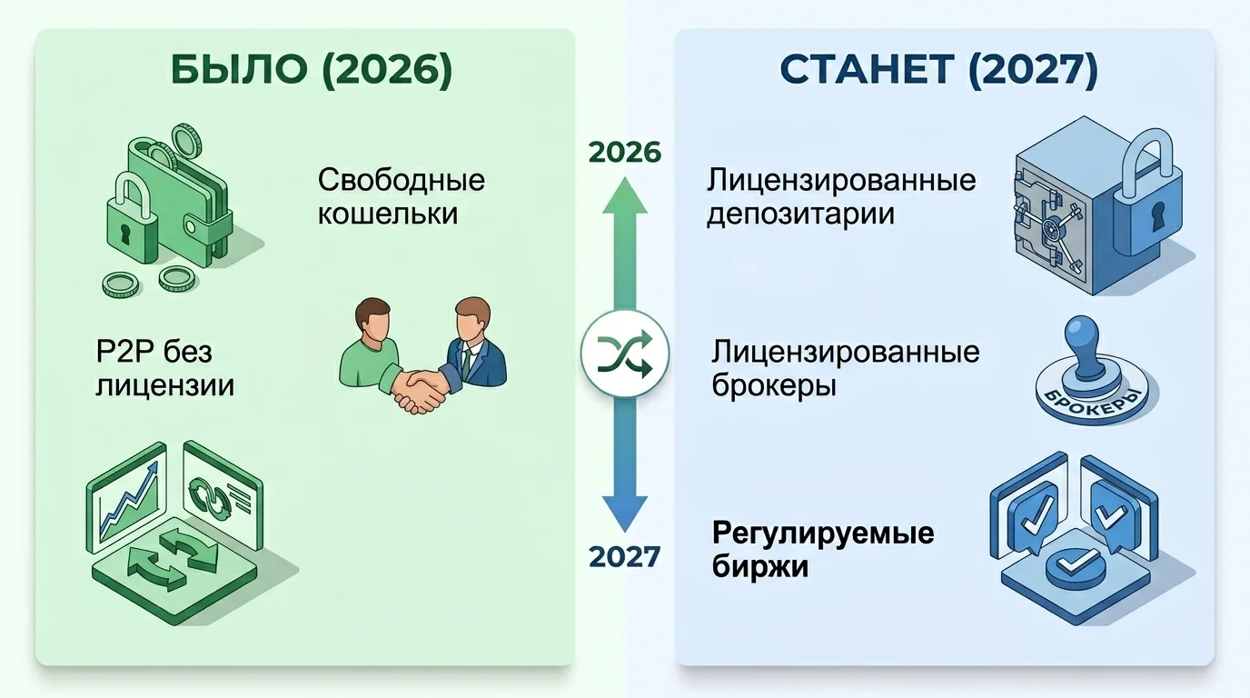 Инфографика: Было (2026) vs Станет (2027) в регулировании криптовалют