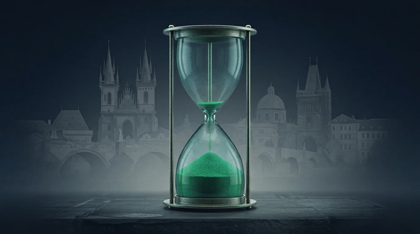 Песочные часы с почти пересыпавшимся песком на фоне силуэтов европейских зданий