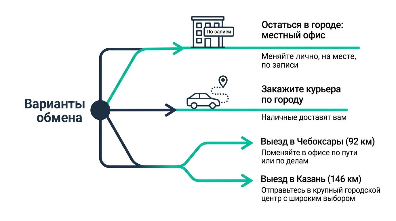 Развилка выбора обмена в Йошкар-Оле: офис, курьер, выезд