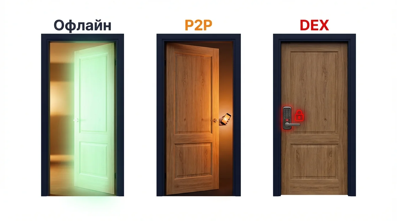 Три двери: «Офлайн» открыта, «P2P» приоткрыта, «DEX» с кодовым замком