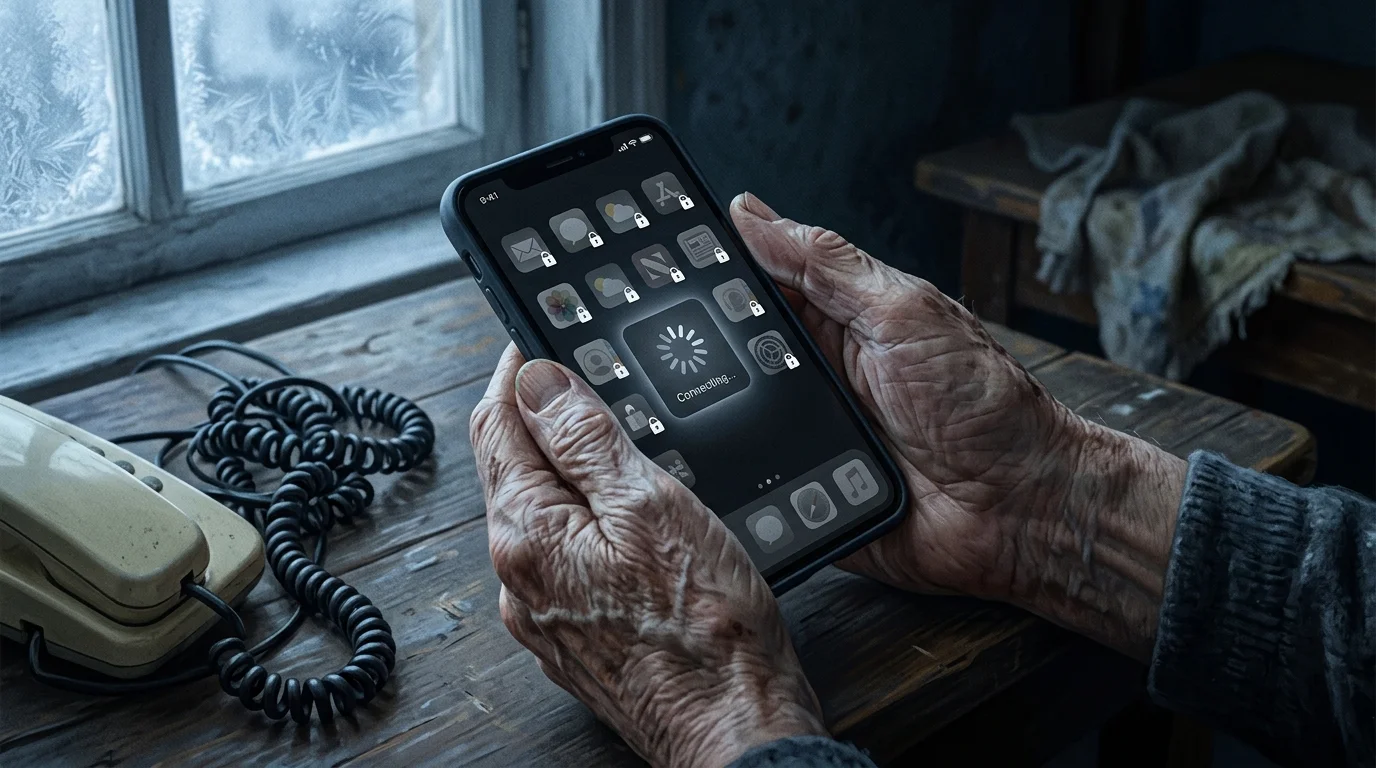 Смартфон с заблокированными приложениями в руках пожилого человека — цифровая изоляция