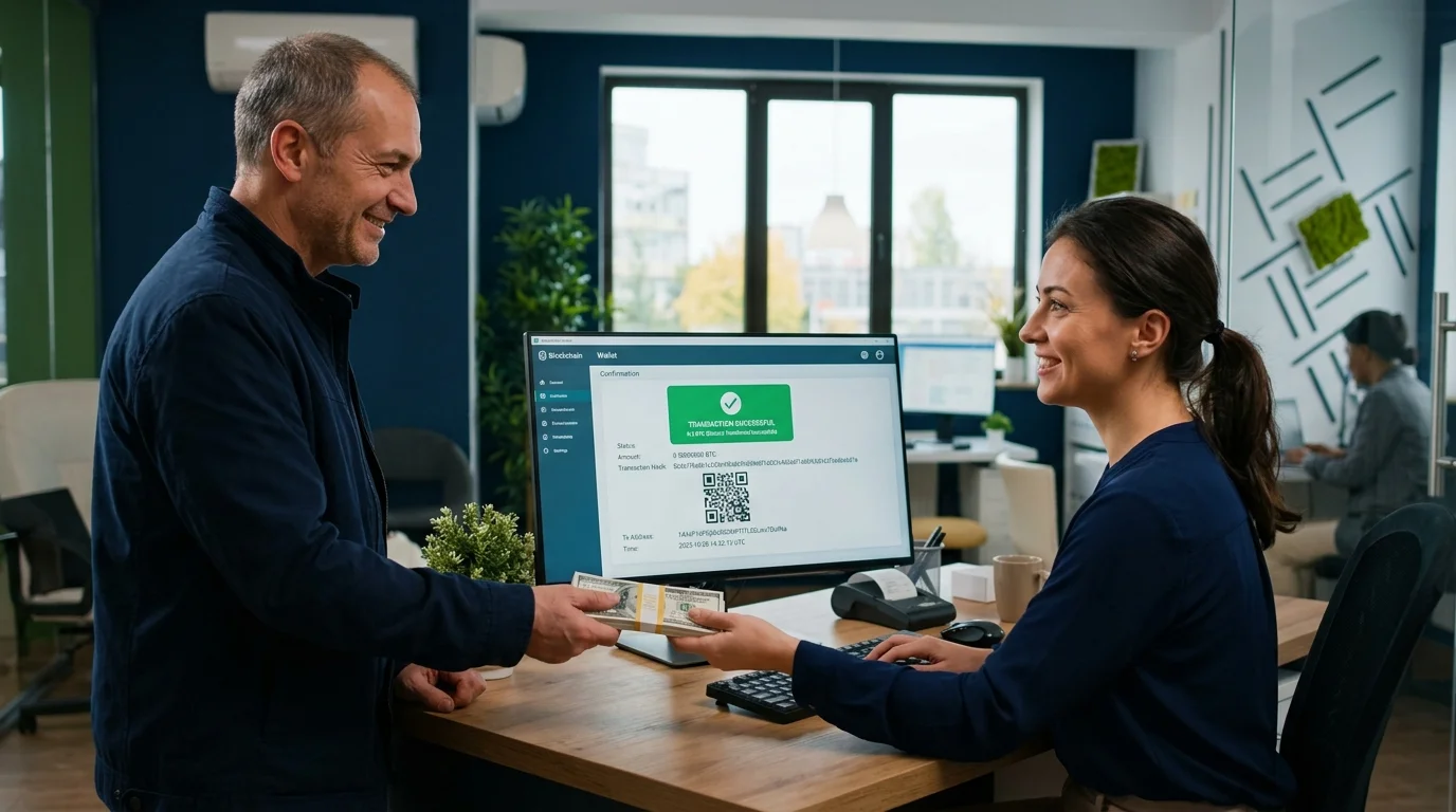 Покупка криптовалюты в офисе обменника: передача наличных и подтверждение транзакции