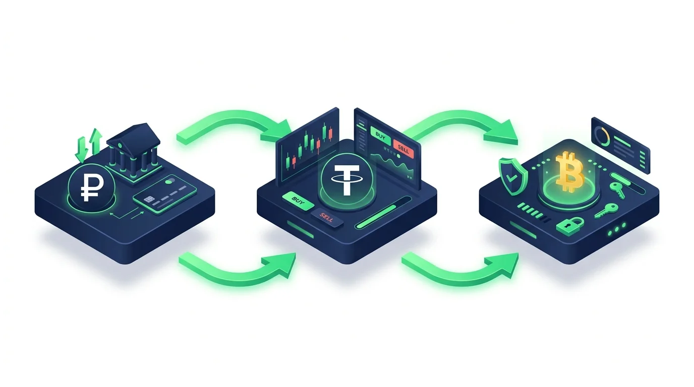 Схема покупки биткоина: рубли → USDT → BTC на кошельке