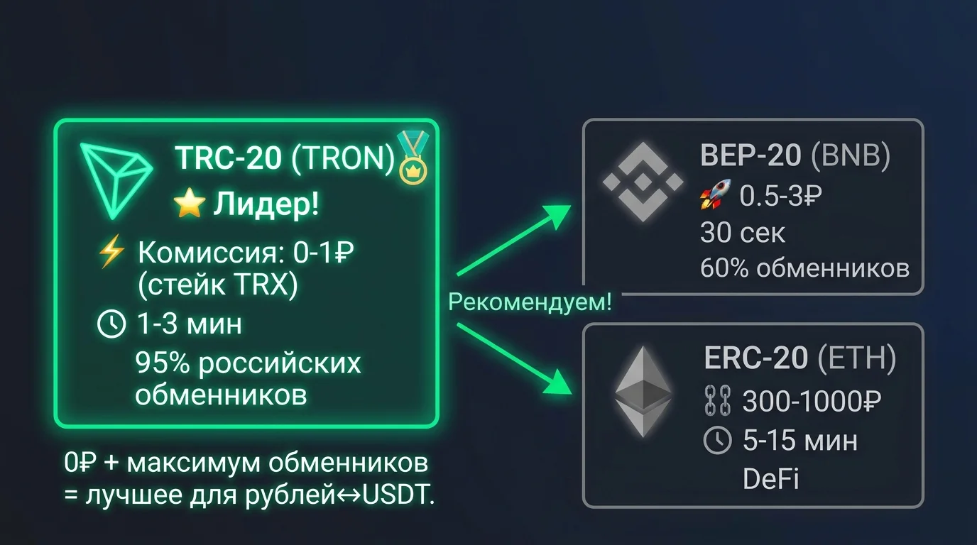 Сравнение сетей USDT TRC-20, ERC-20, BEP-20 по комиссии и времени