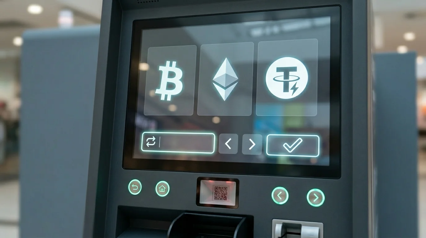 Экран криптомата Bitomat с выбором криптовалюты TRC20 и ERC20 в Бухаресте