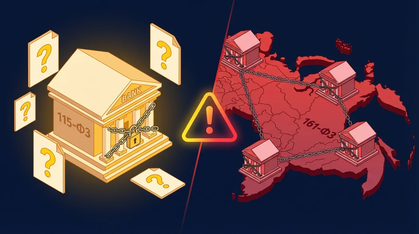 Сравнение блокировок 115-ФЗ (один банк) и 161-ФЗ (все банки) при выводе крипты