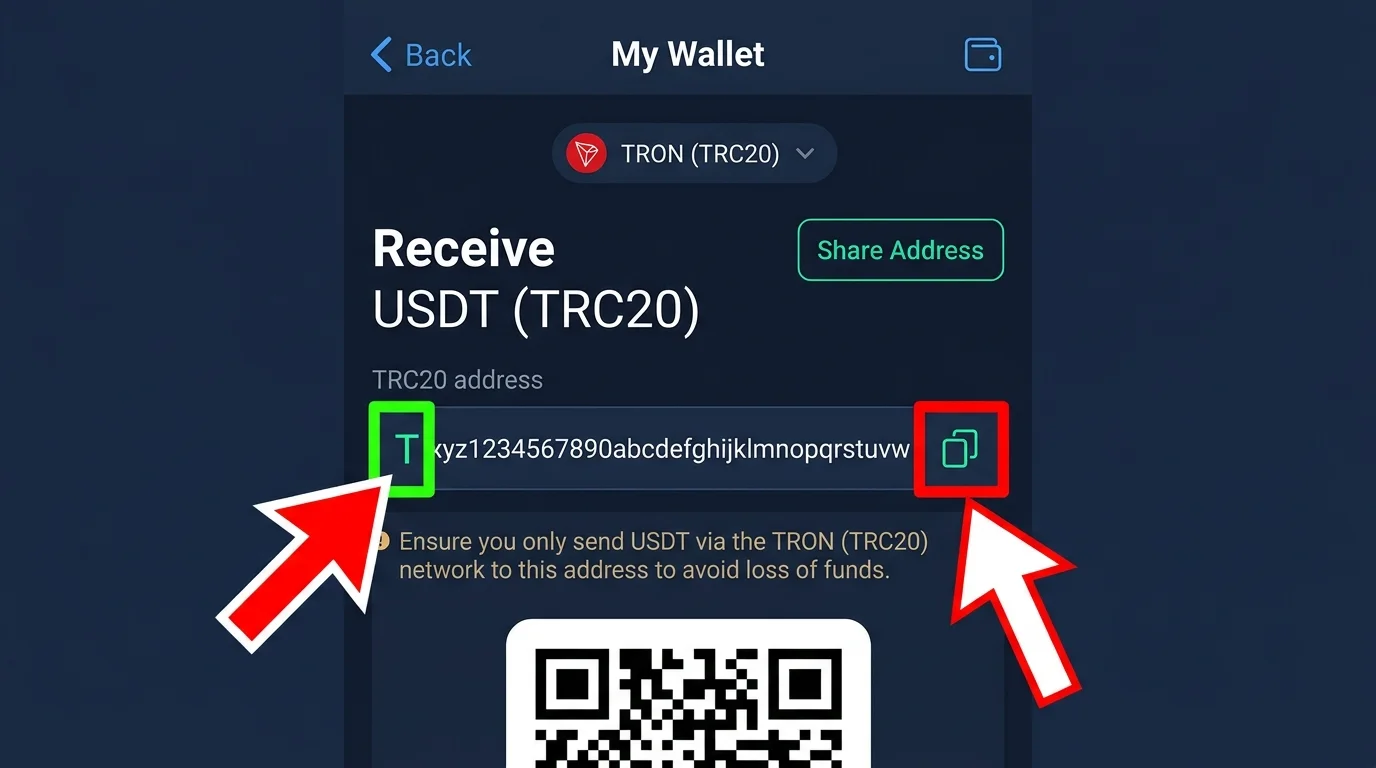 Экран кошелька TRC20: стрелка на букву T и кнопку «копировать»