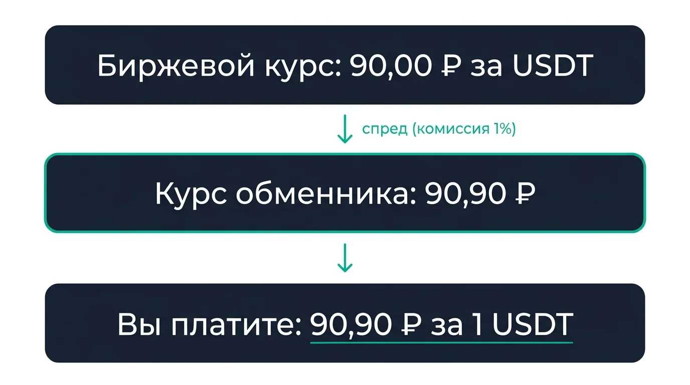 Схема формирования курса в криптообменнике: биржевой курс, спред и итоговая цена