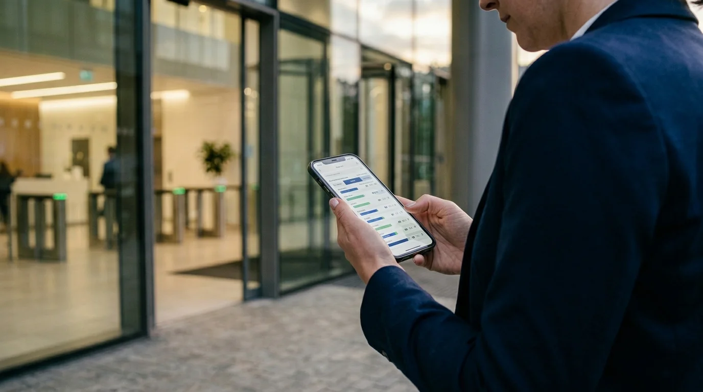 Проверка криптообменника на телефоне перед входом в офис в Москва-Сити