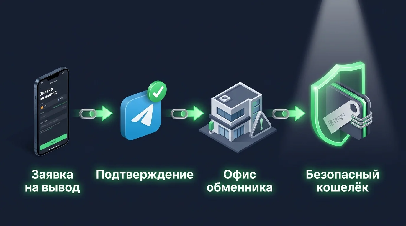 Схема вывода криптовалюты: заявка → подтверждение → офис → безопасный кошелёк