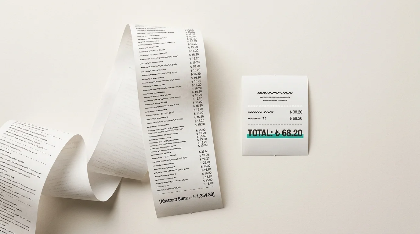 Два чека рядом: длинный с десятком строк налогов и короткий с двумя строками