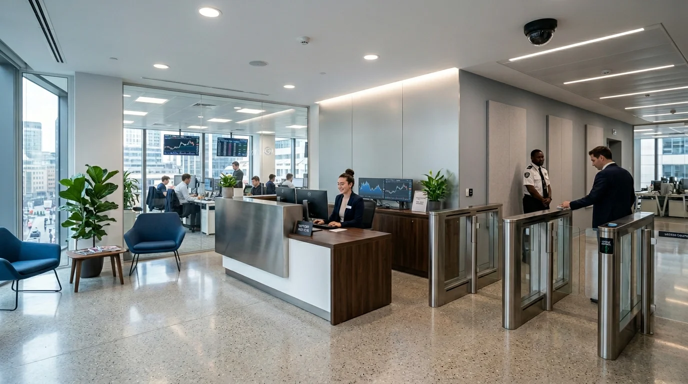 Типичный офис криптообменника: ресепшен, пропускная система, деловая обстановка