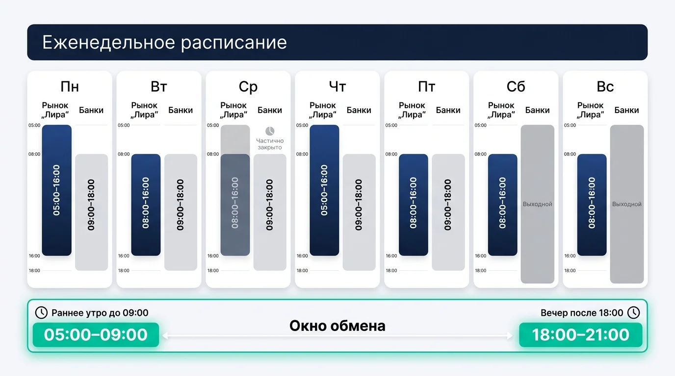 Инфографика расписания рынка «Лира» и банков с окном для обмена крипты