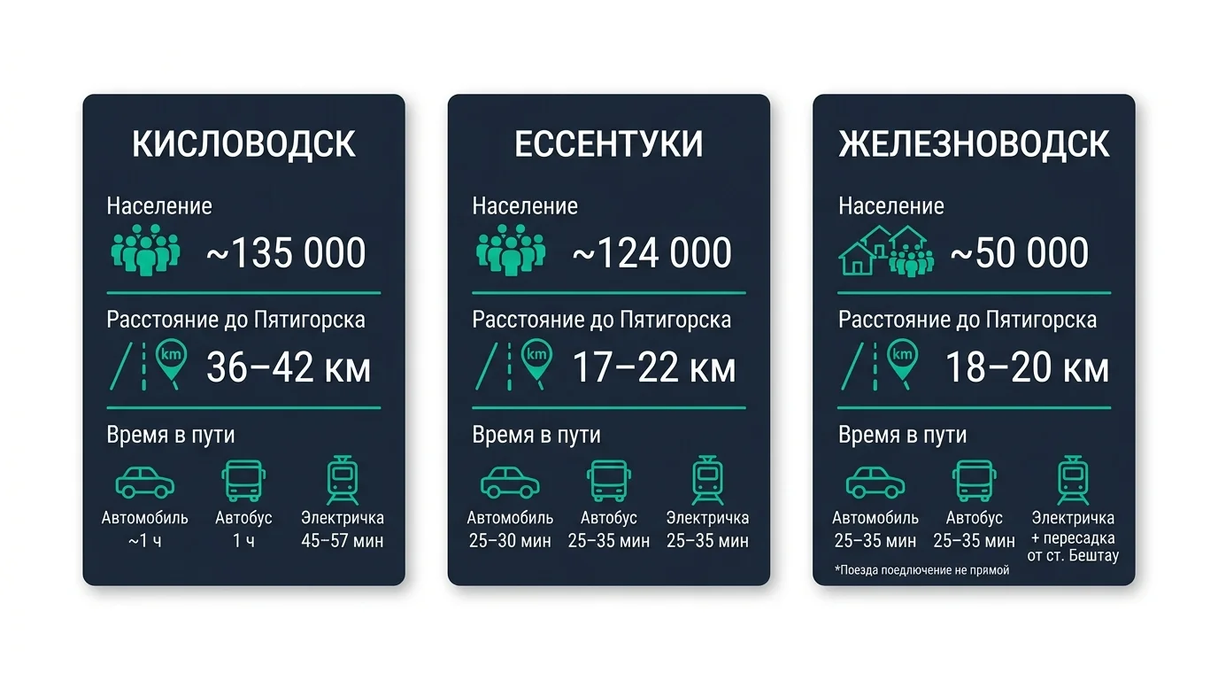 Инфографика городов КМВ: население и время до Пятигорска