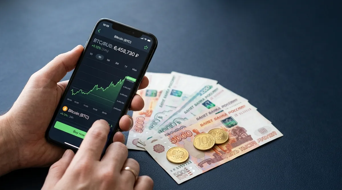 Смартфон с графиком биткоина, монеты и рубли — покупка BTC доступна