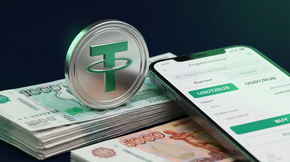 Монета USDT на фоне рублей и экран телефона с интерфейсом обмена
